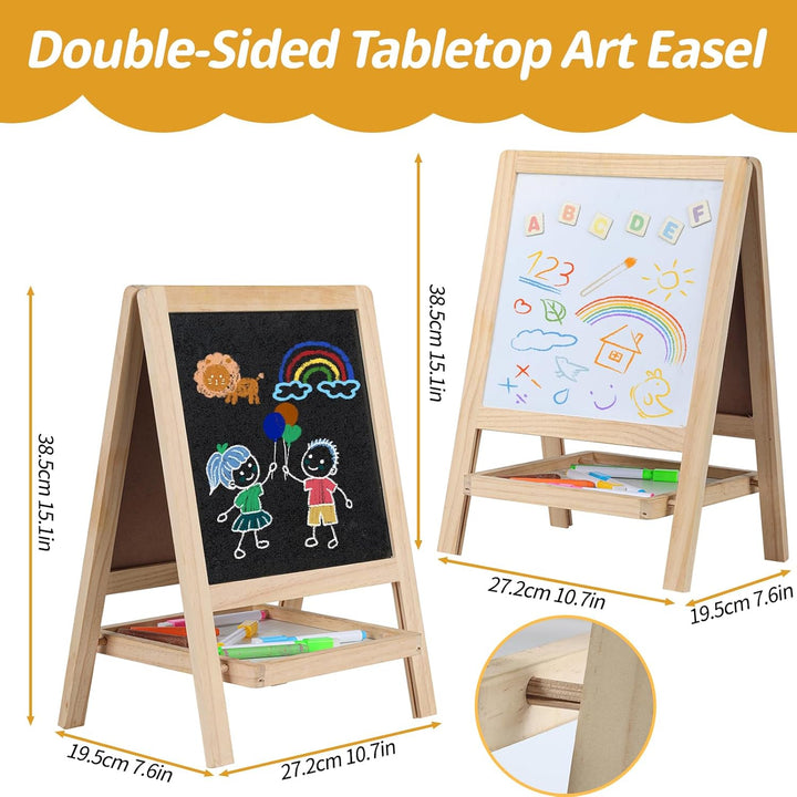 Tabletop Painting Wooden Art Easel for Kids - 4-In-1 Double-Sided Drawing Board for Toddlers 2-4, Chalkboard & Dry Whiteboard with Chalk,Markers, Eraser, Magnetic Letters/Numbers & Flashcards