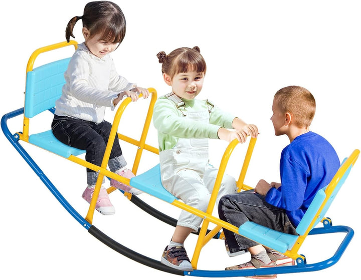 Teeter Totter Seesaw for Kids Outdoor, 2 in 1 Metal Rocking Seesaw for Toddlers with Easy-Grip Handles, Indoor Outdoor Rocker Toy Gifts for Ages 3-8, 1-3 Person Home Preschool Backyard See Saw