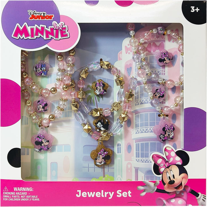 Disney Minnie Girls Jewelry Set - Dress up Toy Jewelry Box Sets with Bead Necklace, Bead Bracelet and Ring - Play Accessories - Ages 3+