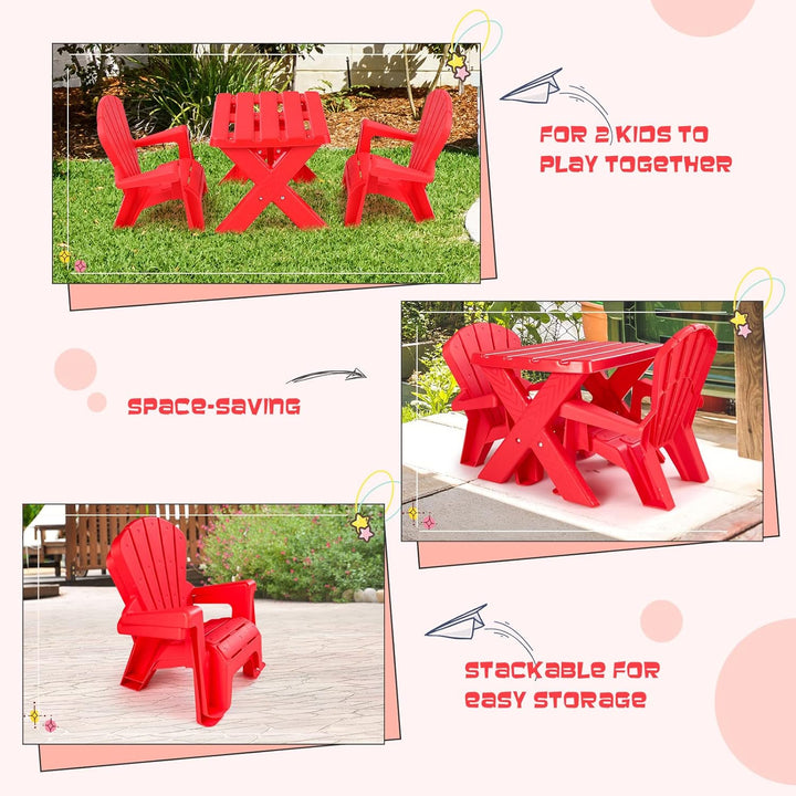 Kids Outdoor Table & Chair Set, Toddler Play Table with 2 Adirondack Chairs, 3 Pcs Kids Backyard Furniture, Stackable Design for Saving Space, for Beach, Garden, Lawn (Red)