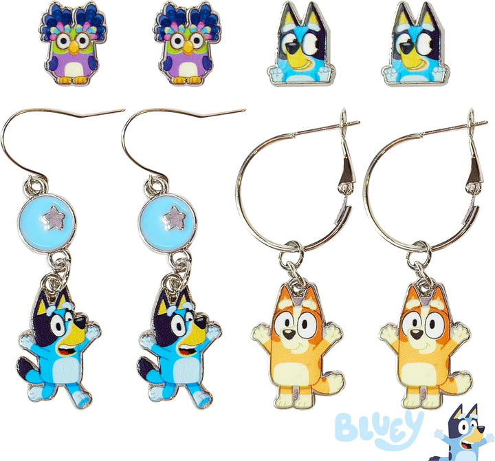 Bluey Hypoallergenic Earrings for Girls Ages 4+ - Safe Stud & Fishhook Styles - Jewelry Gift for Sensitive Ears & Cartoon Lovers