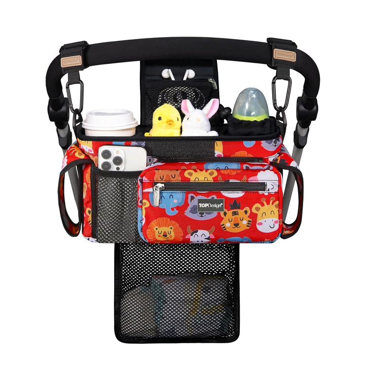 Universal Baby Stroller Organizer, Stroller Caddy with Detachable Mesh Bag & Heightened Insulated Cup Holders & Non-Slip Secure Hooks Accessories, Fits Most Strollers (Checkerboard)