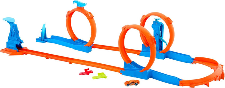 Toy Car Track Set, Triple Loop Pack & 1:64 Scale Vehicle, Track-Building Components with 3 Loops, Speed Snap Tracks & Adapters