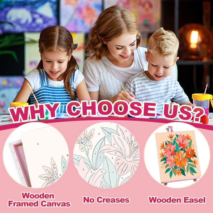 4 Pack Paint by Numbers Kit for Kids with Frame - Wooden Easel, Flowers Paint by Numbers for Kids Ages 4 8 12, Easy Flower Acrylic Oil Painting Kits for Home Wall Decoration 8X8 Inch