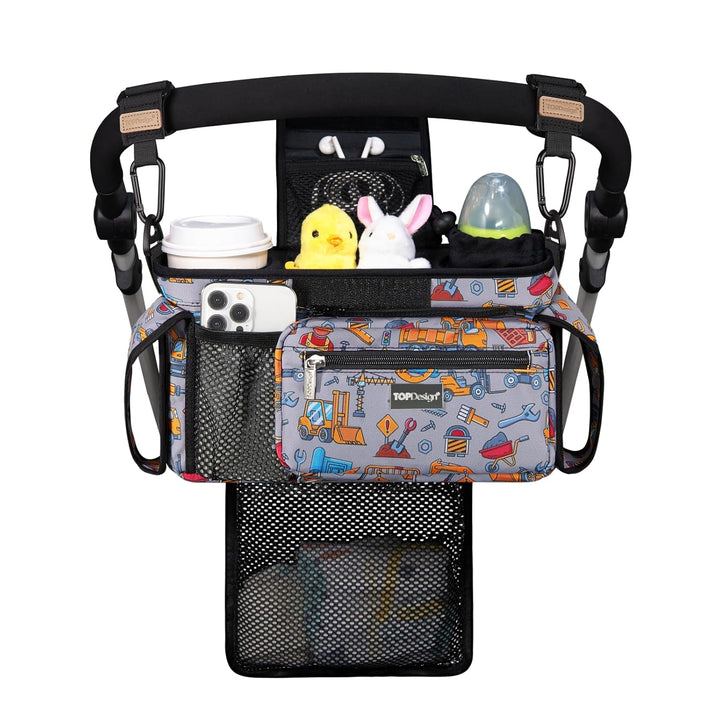 Universal Baby Stroller Organizer, Stroller Caddy with Detachable Mesh Bag & Heightened Insulated Cup Holders & Non-Slip Secure Hooks Accessories, Fits Most Strollers (Checkerboard)