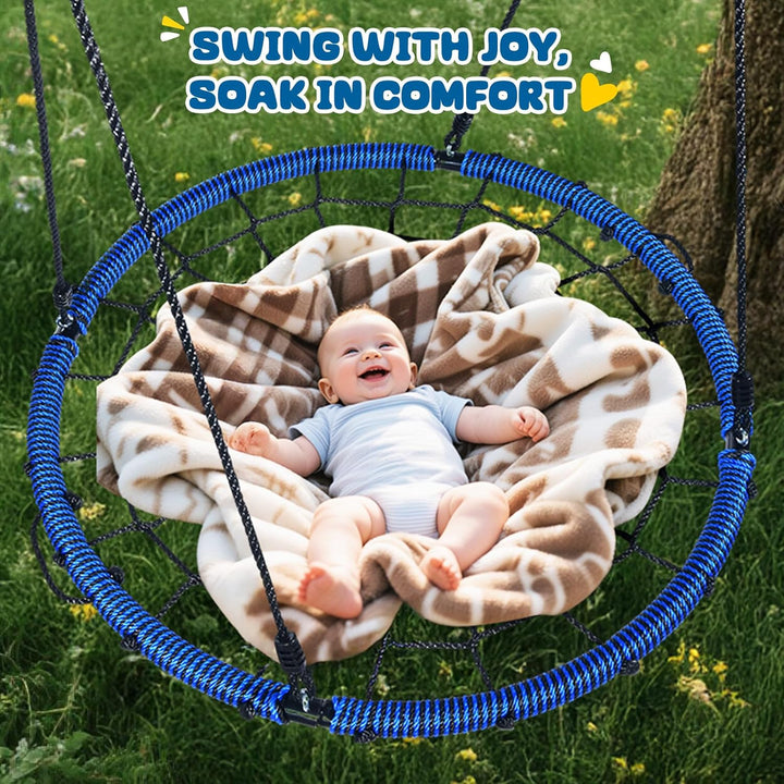 750Lbs 40" Spider Web Saucer Tree Swing for Kids Adults, Outdoor Net Swing with Steel Frame and 2 Hanging Straps-Blue