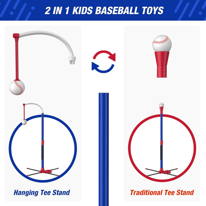 3-In-1 Baseball Set for Kids 3-5 - Tee Ball Stand, Hanging Tee, Ball Launcher and 6 Softballs - Adjustable Height, Indoor/Outdoor Sport Gifts for Boys, Blue