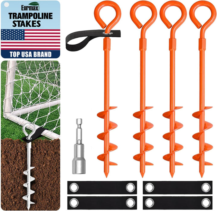 USA Trampoline Stakes Heavy Duty Trampoline Parts Corkscrew Shape Steel Stakes Anchor Kit with T Hook for Trampolines -Set of 4 Bonus 4 Strong Belt,Black