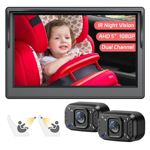 Baby Car Camera, Dual Channel 5 Inch Display with 2 IR Night Vision Camera, Easily Install Baby Car Mirror 1080P Clear Car Baby Camera for Rear Facing Seat Backseat ACZ403