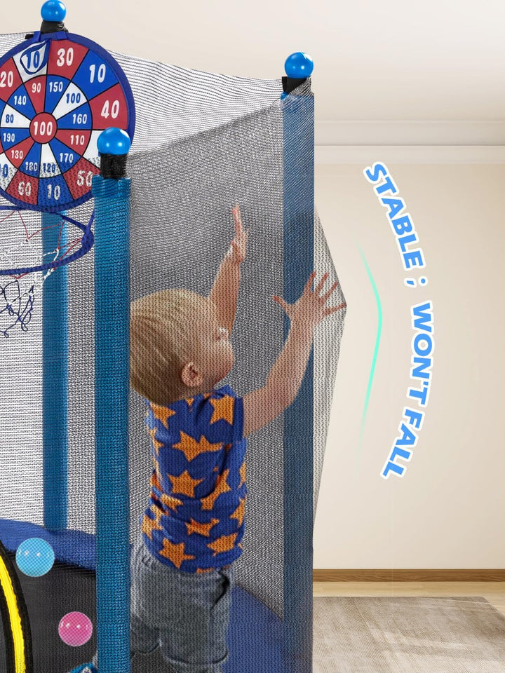 Trampoline 55IN 6FT Toddler Trampoline for Kids Indoor Outdoor Play for Kids Trampoline Basketball Hoop Attachment with Enclosure Net Easy to Assemble Outdoor Indoor Trampoline