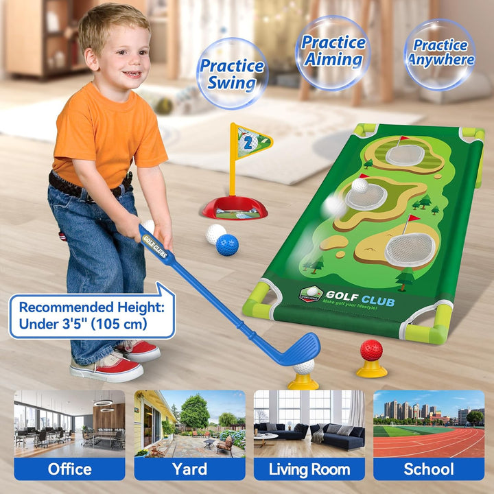 Toddler Golf Set for 2 3 4 5 Years Old Boys Girls, Upgraded Kids Golf Cart with Golf Cornhole Board & Putting Mat, Indoor and Outdoor Golf Toys Birthday Gift