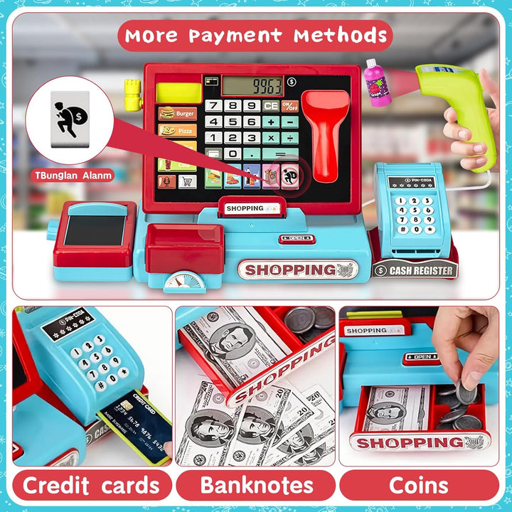 Cash Register Playset Toy for Kids, Real Calculator Register, Pretend Play Store with Music, Scanner, Play Money, Food, Preschool Learning Toy Playset Gift (Blue Red)