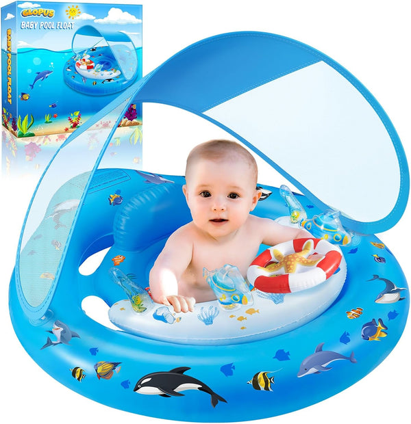 Baby Pool Float with Canopy UPF50+ Sun Protection, Inflatable Kids Pool Floats with Toy Play Console for Baby 6-36 Months, Infant Swimming Float with Adjustable Safety Seat for Boys Girls