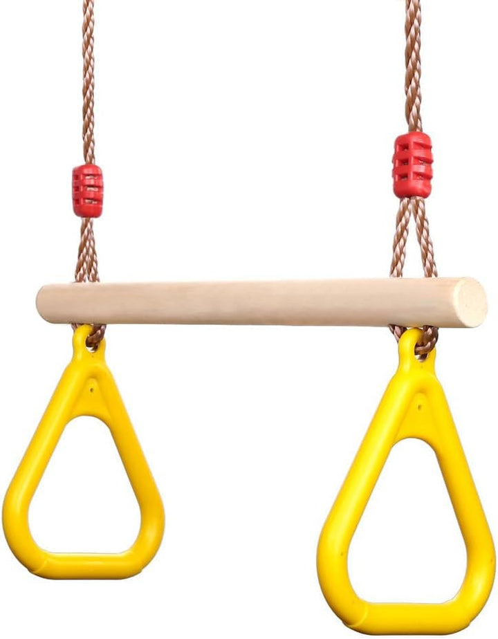 Playground Children'S Wooden Trapeze Swing Bar with Plastic Gym Rings Swing Set for Indoor & Outdoor Fun