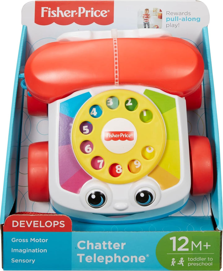 Toddler Pull Toy Chatter Telephone Pretend Phone with Rotary Dial and Wheels for Walking Play Ages 1+ Years