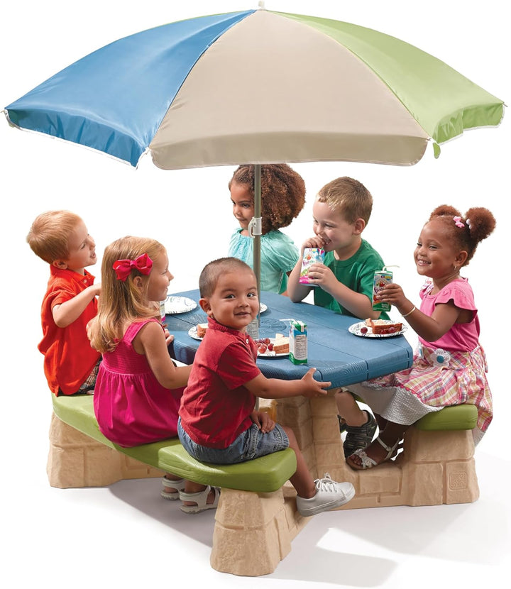 Naturally Playful Kids Picnic Table with Removable Umbrella, Indoor/Outdoor Toys, Fits 6 Children, Made of Durable Plastic, for Toddlers 3+ Years Old, Blue & Green