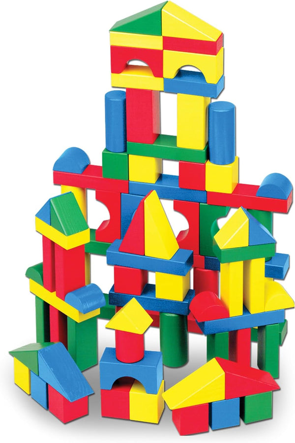Wooden Building Blocks Set - 100 Blocks in 4 Colors and 9 Shapes - FSC Certified