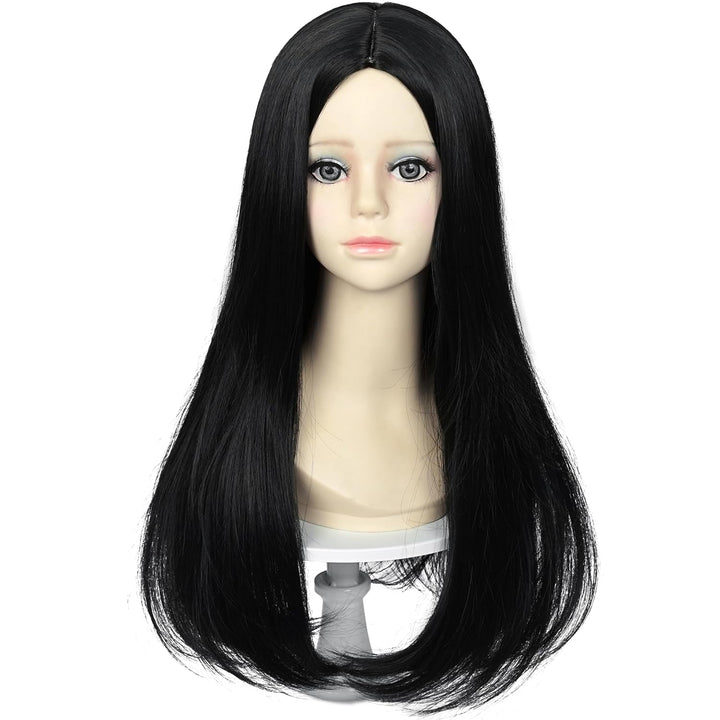 Long Straight Black Kids Wig with Flower Hair Clip, Wigs for Girls Toddler Cosplay 27.6'' Synthetic Hair + Wig Cap for Halloween Party Daily Costumes