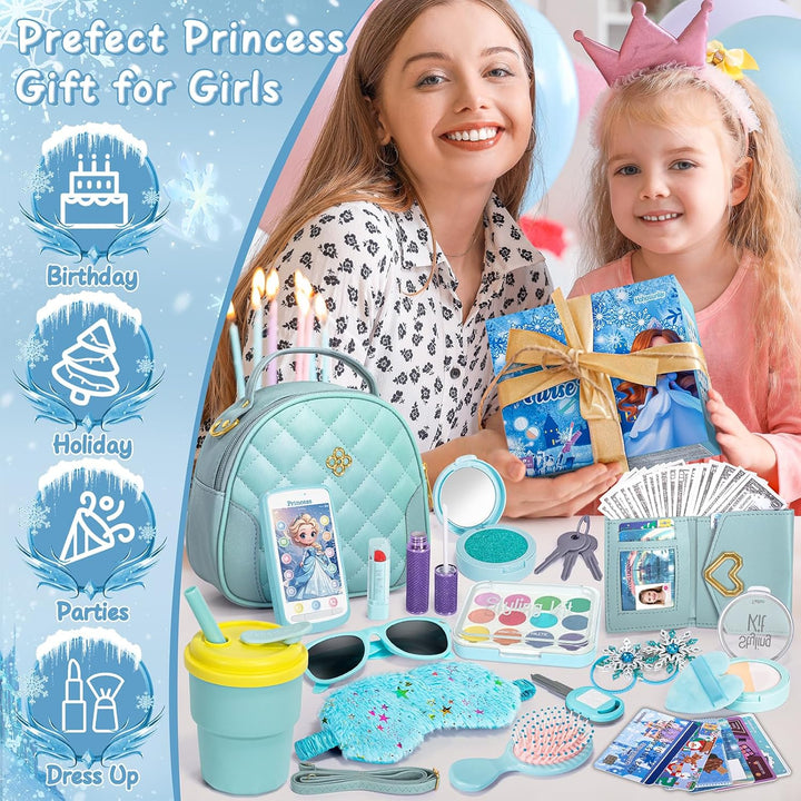 Play Purse for Little Girl, Princess Frozen Toy Purse with Accessories, Pretend Makeup Set, Handbag, Wallet, Water Bottle, Birthday Toy for Girl 3 4 5 6 7 8 Year Old