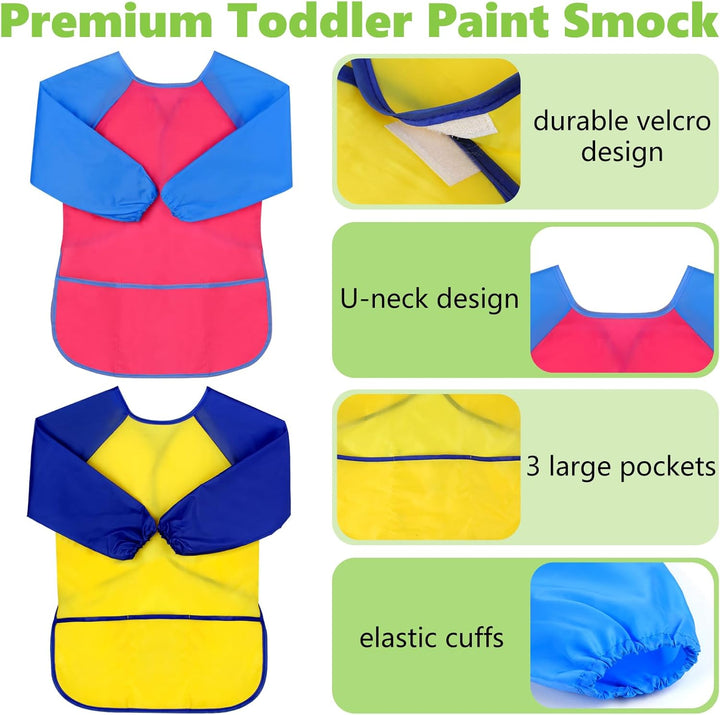 2 Pack Kids Art Smock, Kids Painting Apron, Toddler Smock Artist Painting for 2-4 Years, Waterproof with Long Sleeve