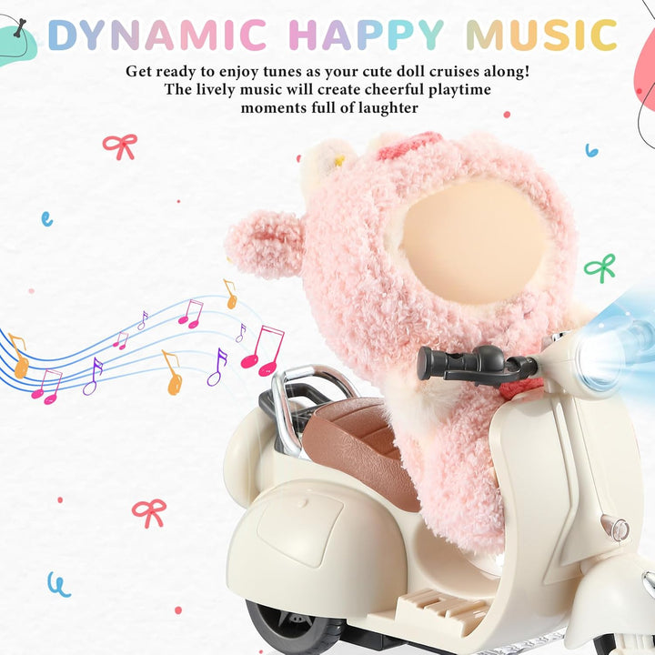 Mini Electric Doll Scooter Vehicles Toy 4 Colors Available Funny Doll Accessory with Music & Lights Could Rotate 360° Cute Plastic Scooter Toy Ornaments Battery Not Included (Cream)
