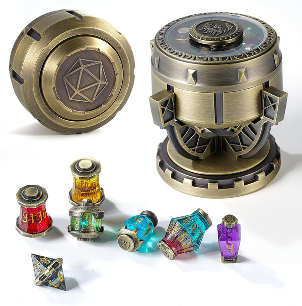 2025 Alchemist’S Metallic Elixir DND Dice Set - 7-Piece RPG Collection in Vintage Chalice Caser for D&D, Sci-Fi, War, or Crime Theme Tabletop Games (Bronze)