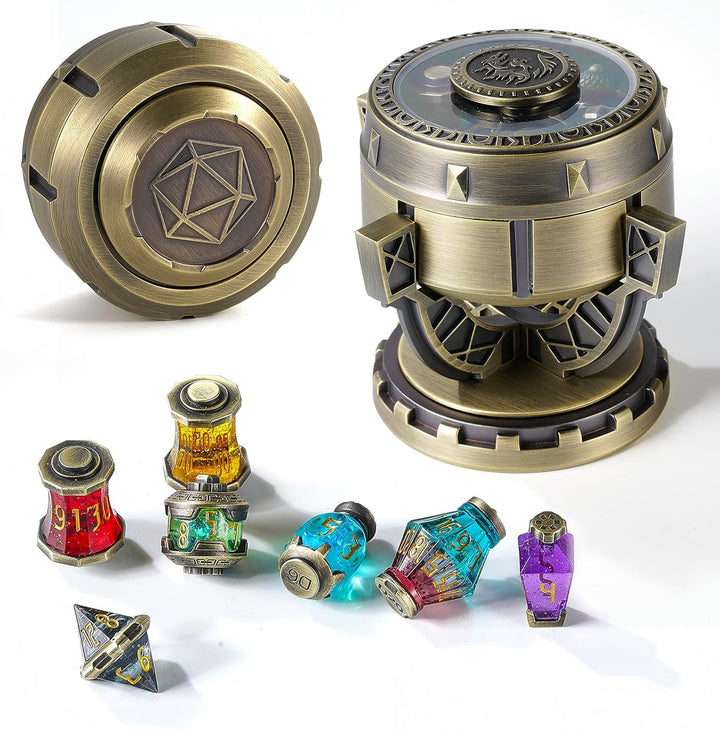 2025 Alchemist’S Metallic Elixir DND Dice Set - 7-Piece RPG Collection in Vintage Chalice Caser for D&D, Sci-Fi, War, or Crime Theme Tabletop Games (Bronze)