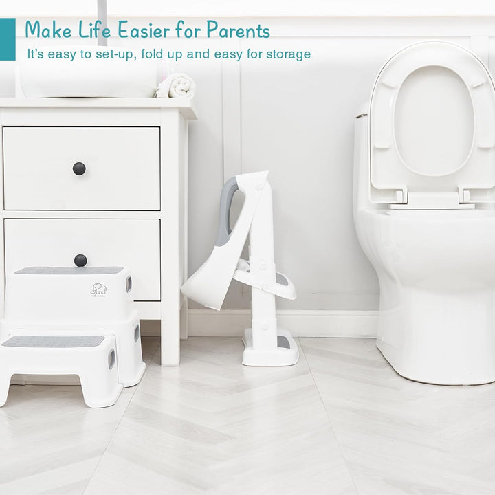 Potty Training Toilet Seat with Step Stool Ladder, Toddler Kids Potty Seat for Boys Girls, Non Slip Foldable Toilet Training Seat with Soft Cushion, Comfortable Handles (White-Grey)
