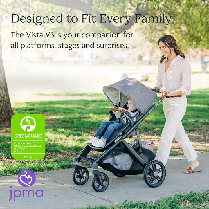 Vista V3 Stroller - Full-Size Single-To-Double Stroller System - Toddler Seat, Bug Shield, Rain Shield, and Storage Bag Included - Jake (Charcoal/Carbon Frame/Black Leather)