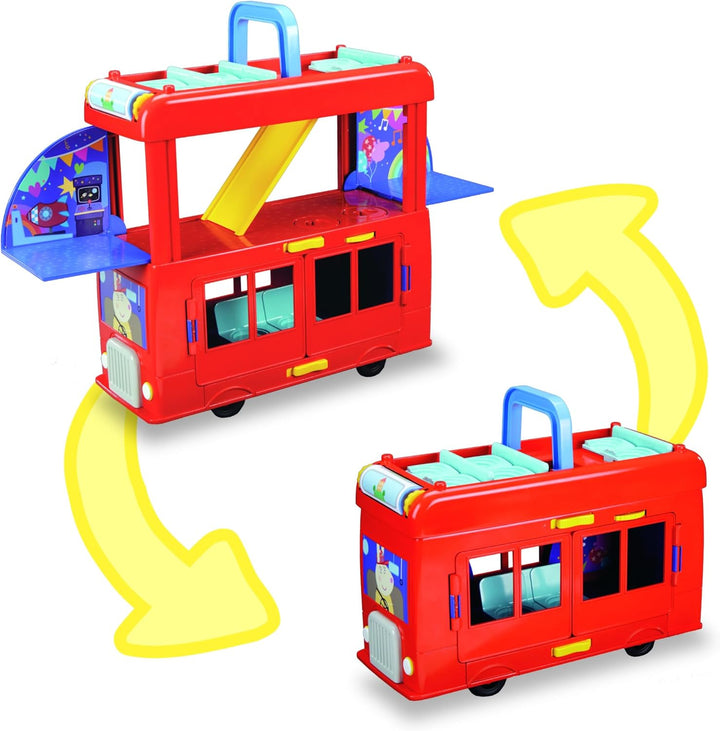 2-In-1 Party Bus Playset with 3 Figures and 13 Accessory Pieces, Preschool Toys for Girls and Boys, Kids Gifts, Ages 3+