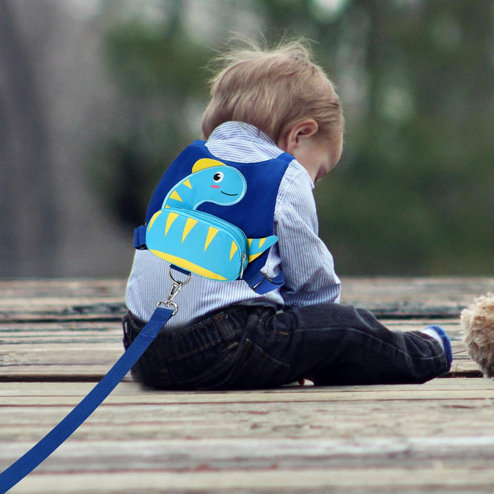 Toddler Harness with Leash, Cute Dinosaur Kids Harness + anti Lost Wrist Link, Mini Child Harness Leash Wristband Strap Belt Protector for Baby Boys Girls to Outdoor Travel (Blue)