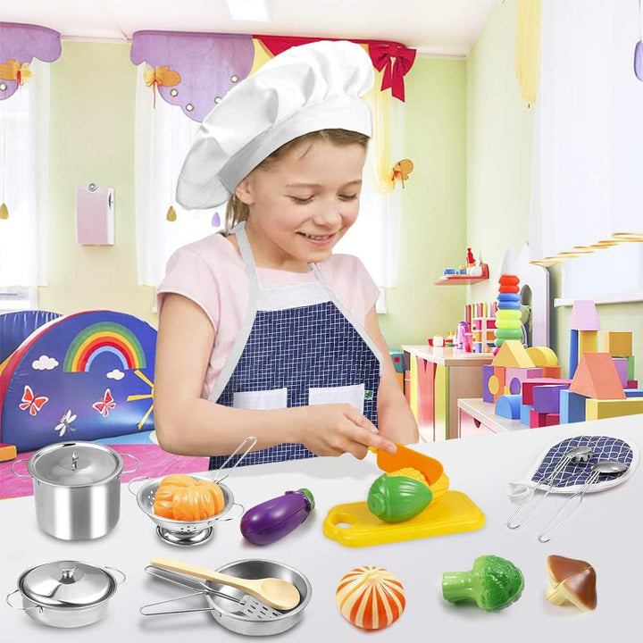 Play Kitchen Accessories, Kids Kitchen Pretend Play Toys, Kitchen Set with Stainless Steel Cooking Utensils Cookware Pots and Pans Set Healthy Vegetables, Knife, Apron, Little Chef Boys Girls
