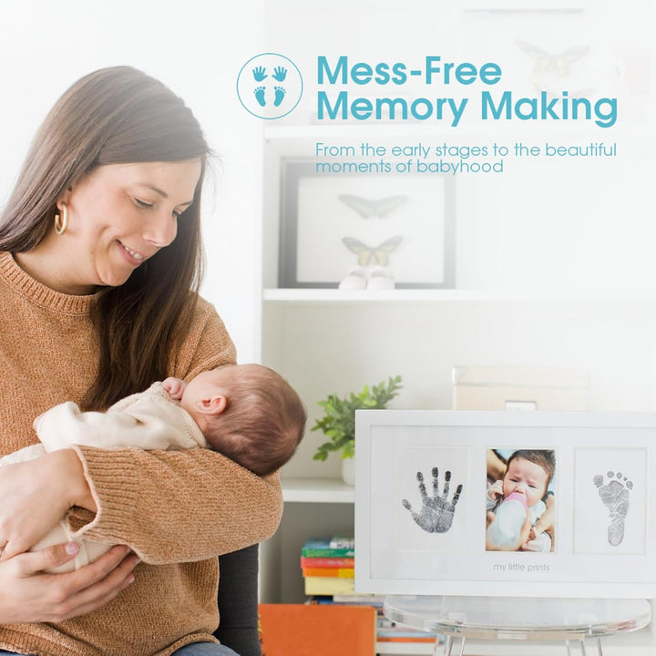 Baby Hand and Footprint Kit - Inkless No Mess Clean-Touch Ink Pad, Newborn Keepsake Frame, Nursery Decor Essentials, Perfect Shower Gift for Boys and Girls, White