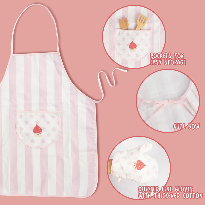 Kid Apron and Chef Hat Set, 3 Pcs Children Cooking Baking Set Kits Role Play Chef Toy Kid Cooking Gift for Girls Boys (Pink)