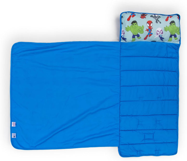 Toddler Nap Mat with Built-In Pillow and Blanket - Soft 46 X 20-Inch Microfiber Kids Sleeping Bag for School or Sleepover, Blue - Spidey & His Amazing Friends