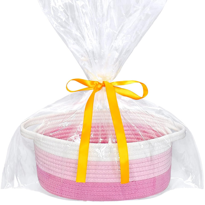 Small Basket with Gift Bags and Ribbons, Empty Gift Baskets, Decorative Boho Rope Woven Nursery Storage Organizer Toy Baskets with Handle for Baby Showers, 12"X 8" X 5"