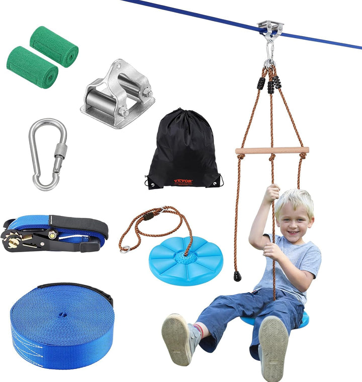 Zip Line Kits for Backyard，160Ft Zip Line Kit for Kids and Adult up to 330 Lb, Included Swing Seat, Ziplines Brake, and Steel Trolley, Outdoor Playground Equipment