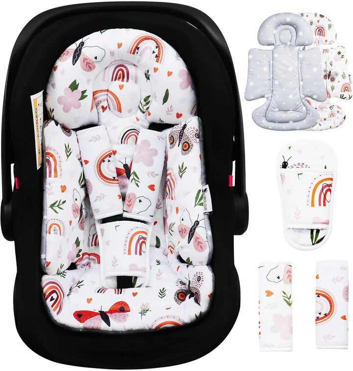 Infant Car Seat Insert with Removable Cushion for Baby Preemie Newborn Infant, Reversible Carseat Insert Head Body Support Fits for Stroller, Baby Swing, Rocker, Bouncer, Bassinet - Pink
