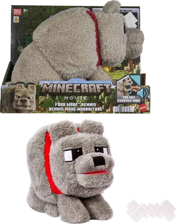 Minecraft Dennis the Wolf Plush Toy with Feeding Action & Sound, Food Mode Stuffed Animal Inspired by a Minecraft Movie