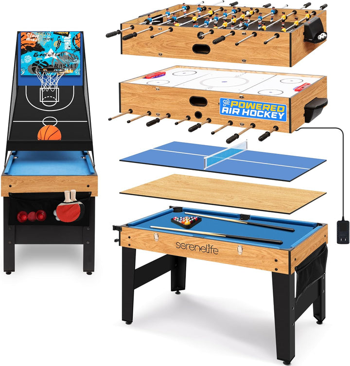 48" 6-In-1 Multi Game Table, Full-Size Indoor and Outdoor Arcade Sports Table with Pool, Air Hockey, Foosball, Basketball, Table Tennis, Dining Table, for Family, Kids, Adults
