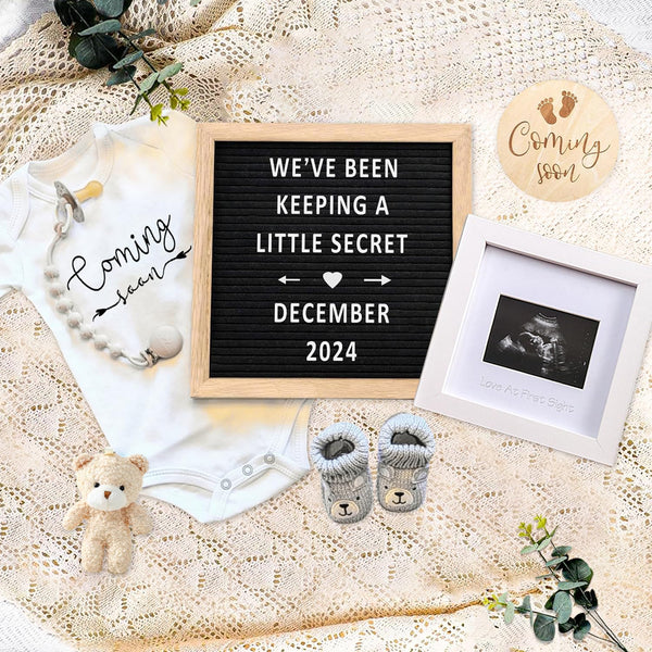 Pregnancy Announcement, Baby Announcement Ideas Set Include Felt Letter Board, Baby Onesie, Booties, Photo Frame, Wooden Sign and Bear Plush, Pregnancy Announcement Photo Props Coming Soon Baby Announcement