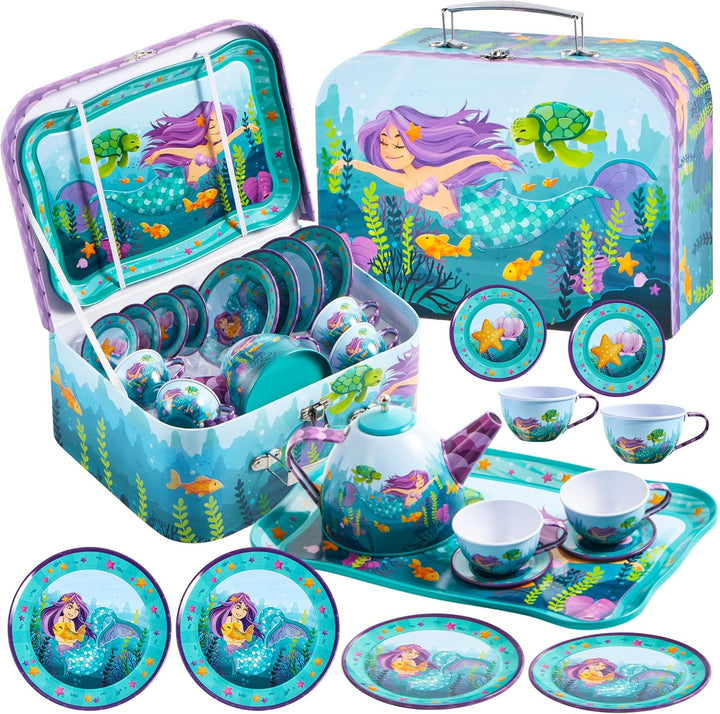 Unicorn Tea Set for Toddlers Tea Party Set for Children Kids Pretend Role Play Tin Teapot Set with Cups, Plates and Carrying Case Kitchen Toy for Little Girls Birthday Gifts Age 3 4 5 6