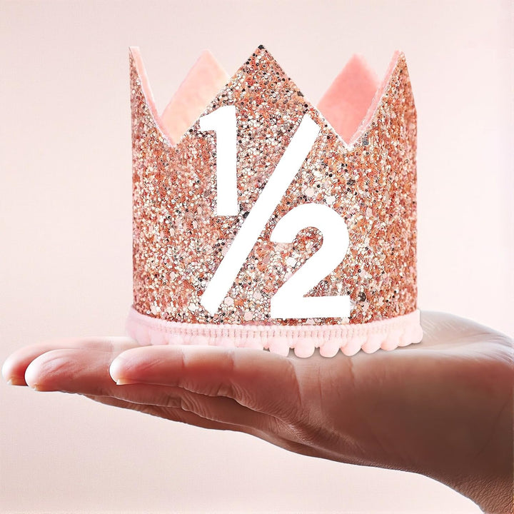 1/2 Birthday Girl Crown - Pink & Rose Gold Adjustable Baby Girl Half Birthday Hat for 6-12 Months, Soft Photo Props for Half Year Celebration, Party Decorations