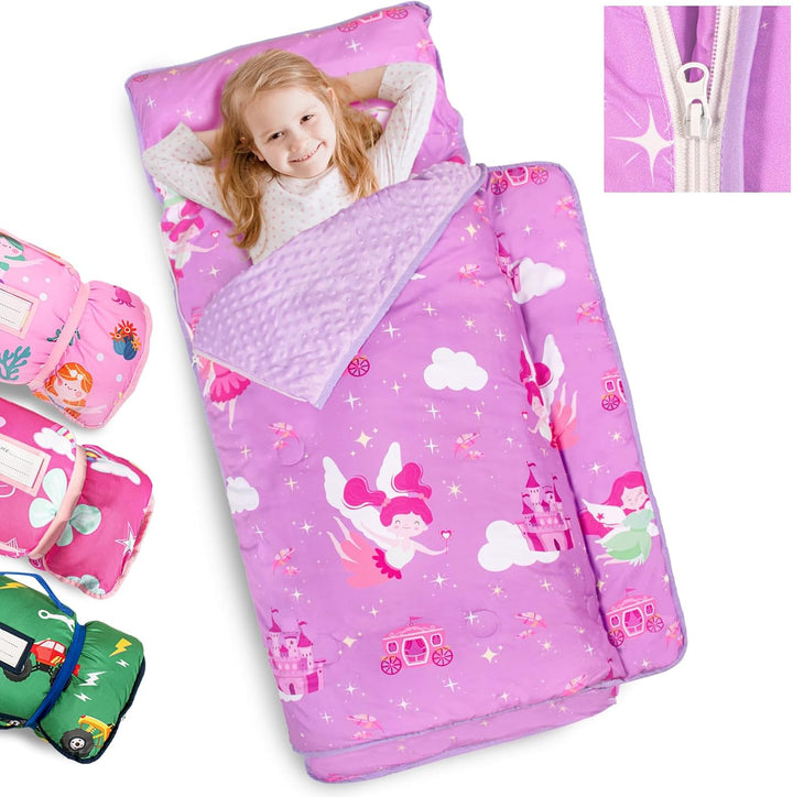 Toddler Nap Mat Extra Large Thickened 55''X35'', Soft Sleeping Bag with Detachable Minky Blanket and Pillow, Portable for Daycare, Preschool, Kindergarten, Travel, Boys and Girls
