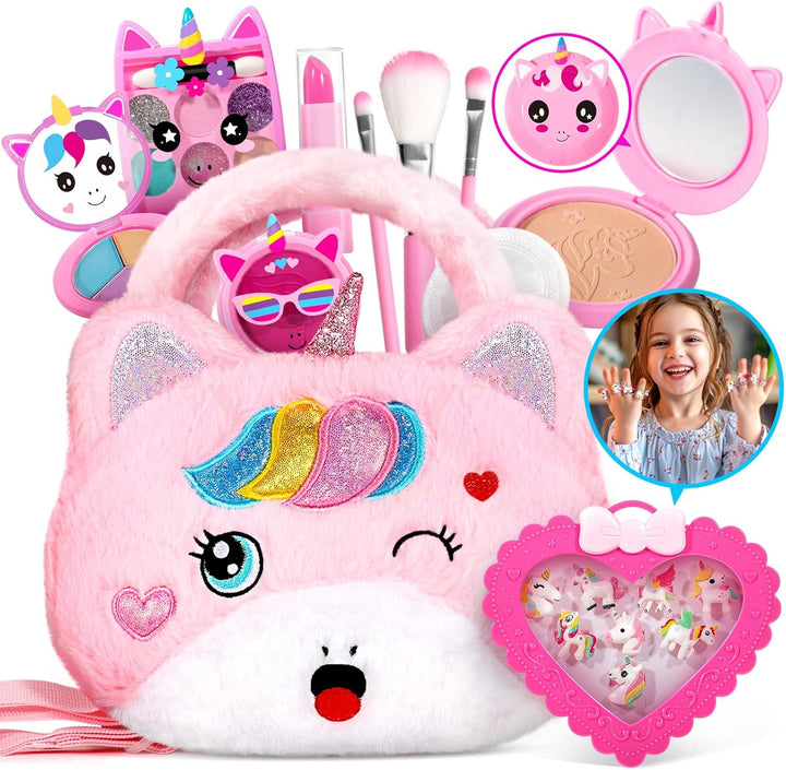 Kids Real Makeup Kit for Girls with Fluffy Purse - Real, Non Toxic, Washable Make up Toy - Umicorn Toys Gift for 3 4 5 6 7 8 Years Old Girls Birthday (Pink Umicorn)