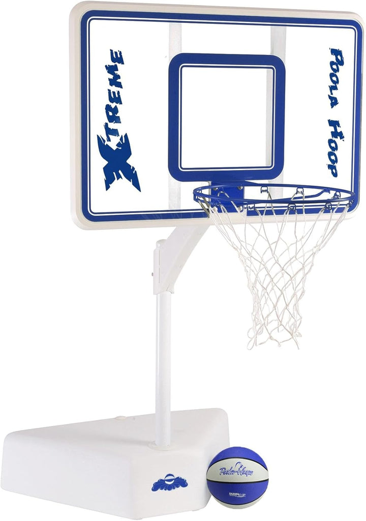 Dunn-Rite Splash & Shoot Clear Outdoor Adjustable Height Swimming Pool Basketball Hoop W/Ball, Base, & 18 Inch Stainless Steel Rim, Blue