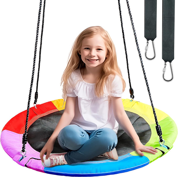 40" Saucer Tree Swing for Kids - 900Lb Weight Capacity, 900D Waterproof Oxford Fabric Platform Swing Seat with Adjustable Ropes for Kids Playground Outdoor Activity Backyard Fun (Rainbow)