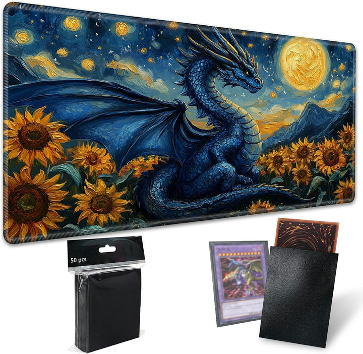 TCG Playmat Board Game Mat plus 50 Pcs Card Sleeves, 24 X 14 Table Mats Game Mousepad with Soft Surface Non-Slip Base for MTG RPG CCG Trading Card Game Playmats, Green Frog