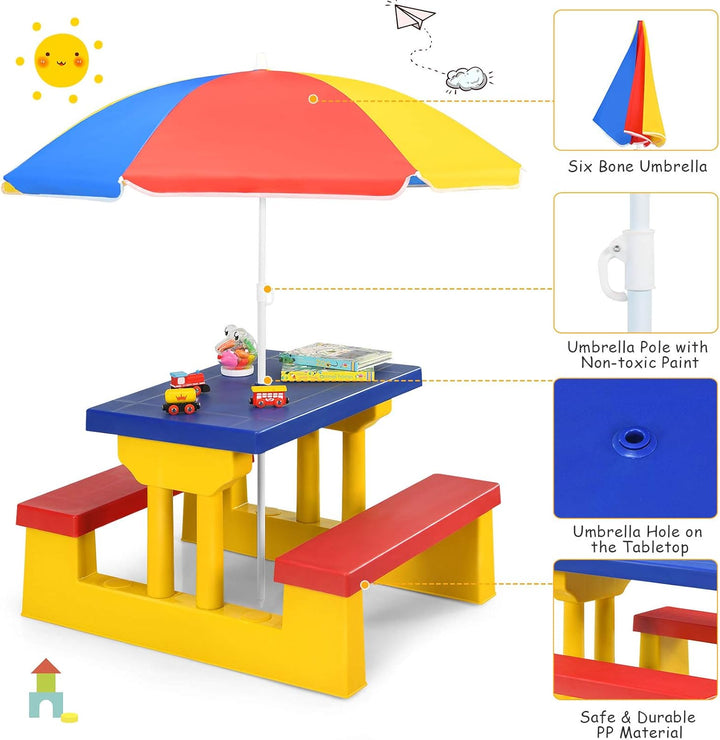 Kids Picnic Table, Indoor & Outdoor Table and Bench with Removable Umbrella, Portable Toddler Picnic Table and Chair Set for Garden, Backyard, Patio