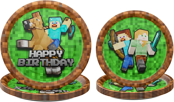 Pixel Miner Dinner and Dessert Plates (40 Pieces for 20 Guests) - Video Game Party Supplies, Mining Craft Decorations, Pixel Miner Party,